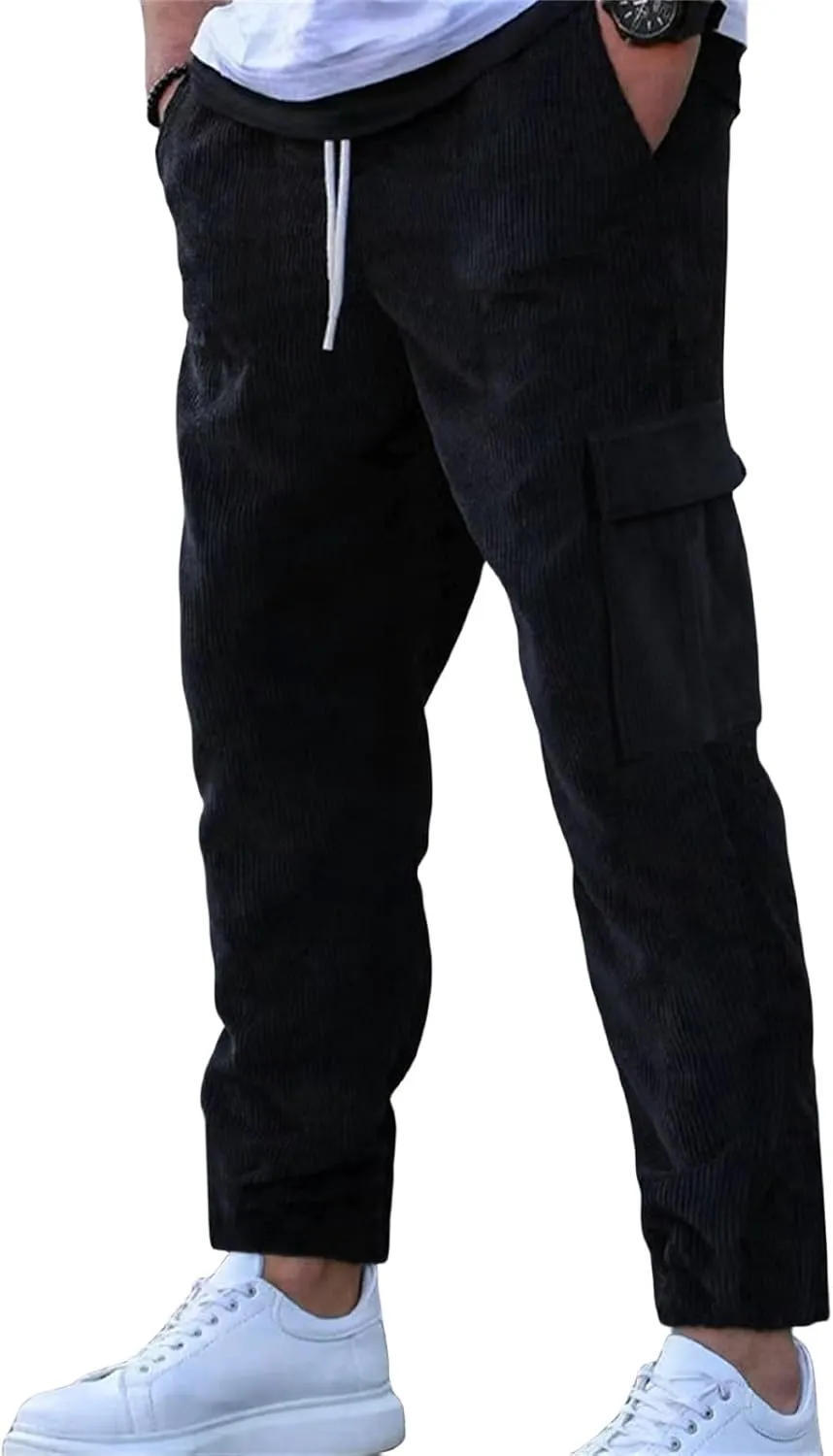 Mens Casual Corduroy Pants Cargo Plain Elastic Waist Drawstring Straight Overalls Loose Sweatpants Fashion Trousers