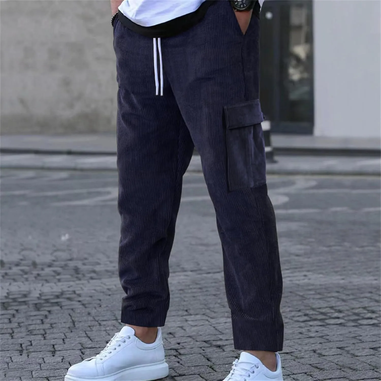 Mens Casual Corduroy Pants Cargo Plain Elastic Waist Drawstring Straight Overalls Loose Sweatpants Fashion Trousers