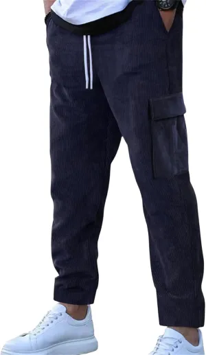Mens Casual Corduroy Pants Cargo Plain Elastic Waist Drawstring Straight Overalls Loose Sweatpants Fashion Trousers