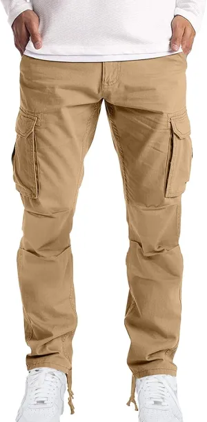 Men's Causal Cargo Pants Solid Color Multi Pockets Straight Trousers Outdoor Wearing Pants with Pockets Overalls