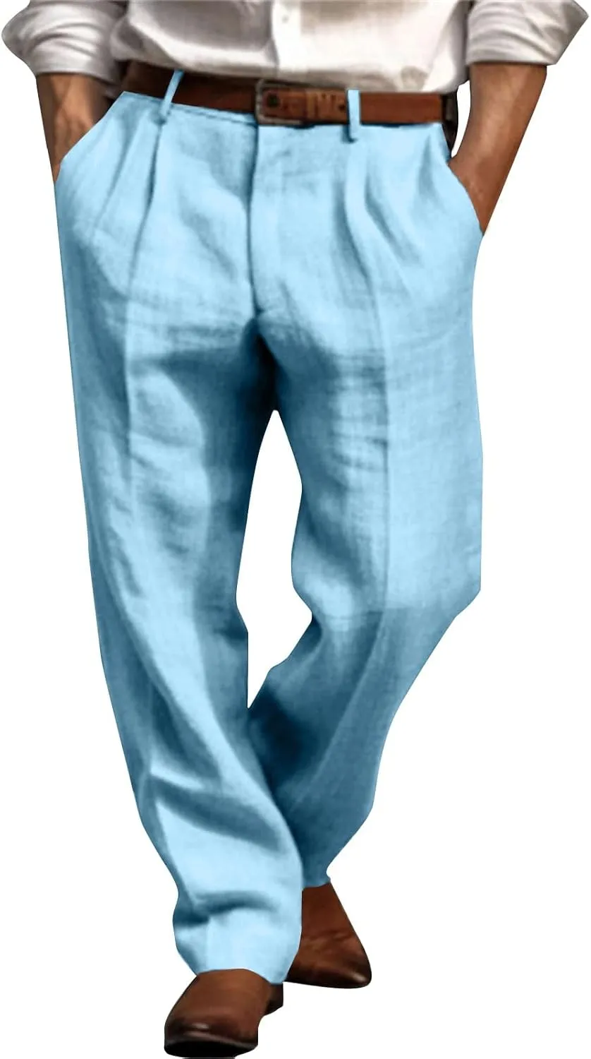 Mens Dress Pants Relaxed Fit Casual Cotton Linen Pleated Work Suit Pants Summer Straight Leg Slacks Comfort Trousers
