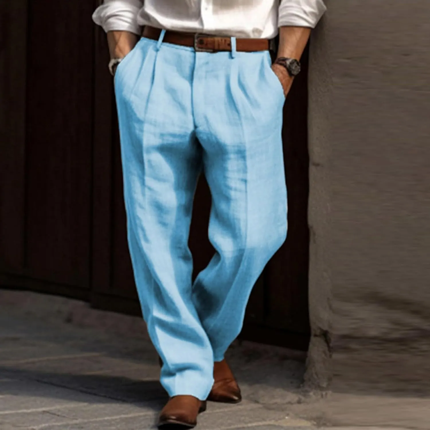 Mens Dress Pants Relaxed Fit Casual Cotton Linen Pleated Work Suit Pants Summer Straight Leg Slacks Comfort Trousers