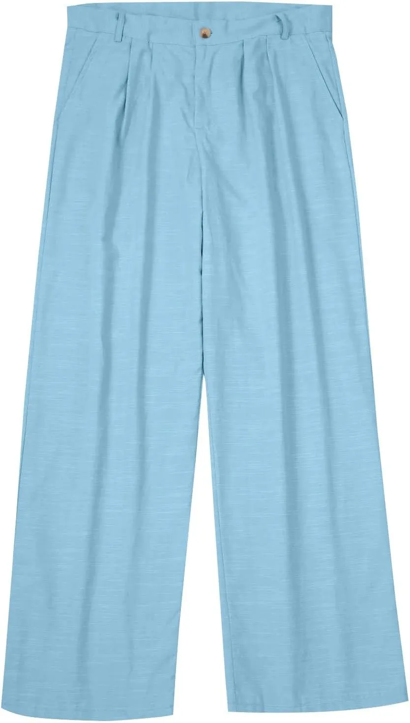 Mens Dress Pants Relaxed Fit Casual Cotton Linen Pleated Work Suit Pants Summer Straight Leg Slacks Comfort Trousers