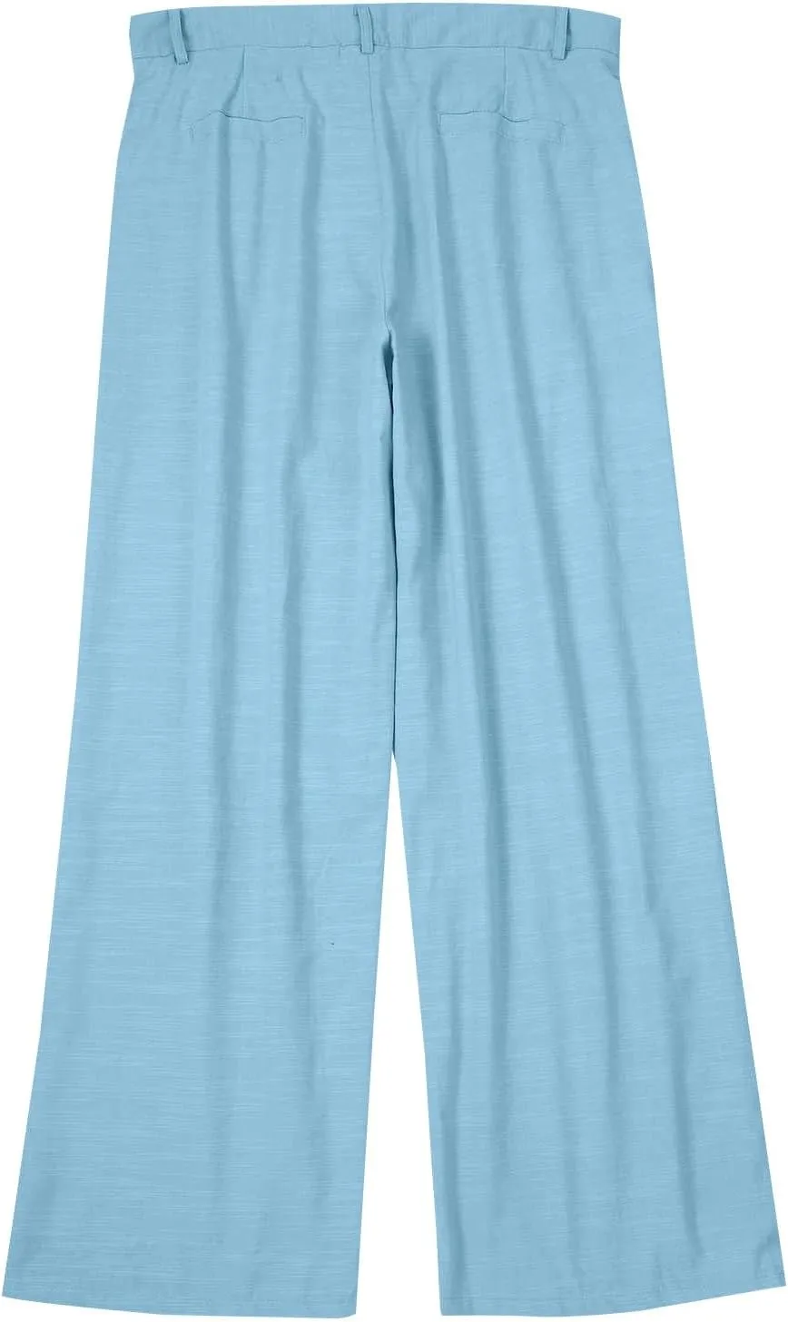 Mens Dress Pants Relaxed Fit Casual Cotton Linen Pleated Work Suit Pants Summer Straight Leg Slacks Comfort Trousers