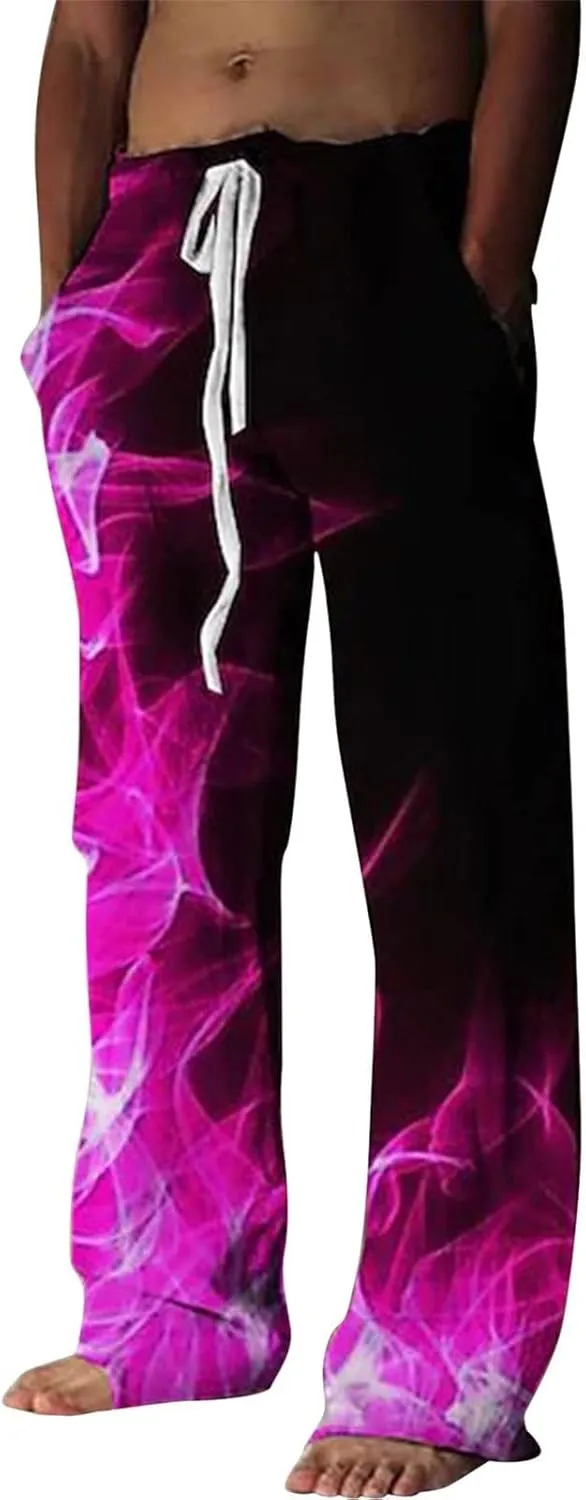 Mens Fashion Casual Printing Linen Pocket Lace Up Pants Joggers Relaxed Fit Stretch Sweatpants Athletic Pants