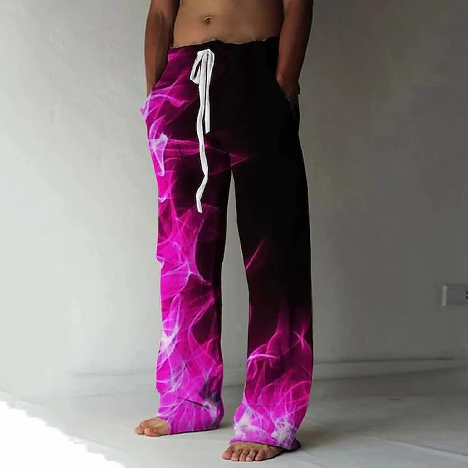 Mens Fashion Casual Printing Linen Pocket Lace Up Pants Joggers Relaxed Fit Stretch Sweatpants Athletic Pants