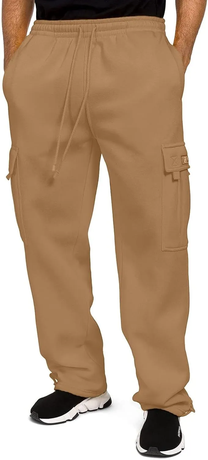 Mens Heavyweight Fleece Cargo Relaxed Fit Stretch Sweatpants Joggers with Pockets Fashion Sport Baggy Pants Trousers