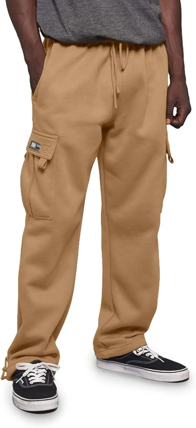 Mens Heavyweight Fleece Cargo Relaxed Fit Stretch Sweatpants Joggers with Pockets Fashion Sport Baggy Pants Trousers