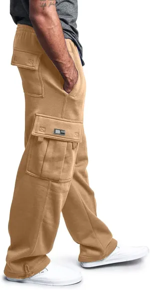 Mens Heavyweight Fleece Cargo Relaxed Fit Stretch Sweatpants Joggers with Pockets Fashion Sport Baggy Pants Trousers