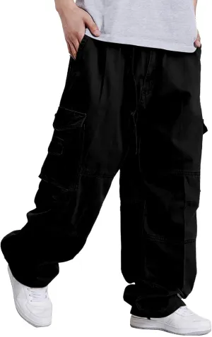 Men's Large Size Wide-Leg Pants Hip-Hop Loose Multi-Pocket Fashion Solid Color Overalls Plus Size Fat Hipster Street Trousers