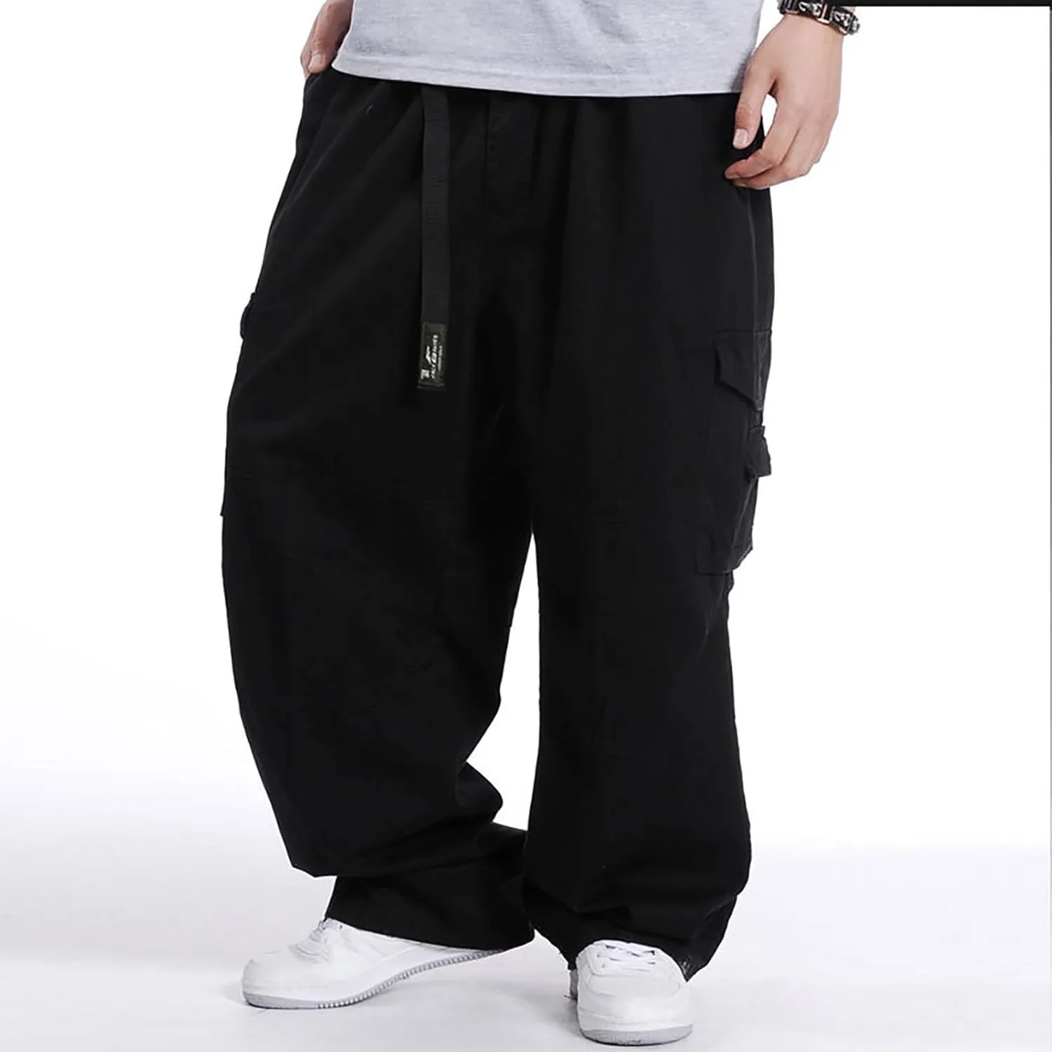 Men's Large Size Wide-Leg Pants Hip-Hop Loose Multi-Pocket Fashion Solid Color Overalls Plus Size Fat Hipster Street Trousers