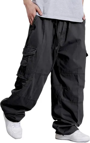 Men's Large Size Wide-Leg Pants Hip-Hop Loose Multi-Pocket Fashion Solid Color Overalls Plus Size Fat Hipster Street Trousers