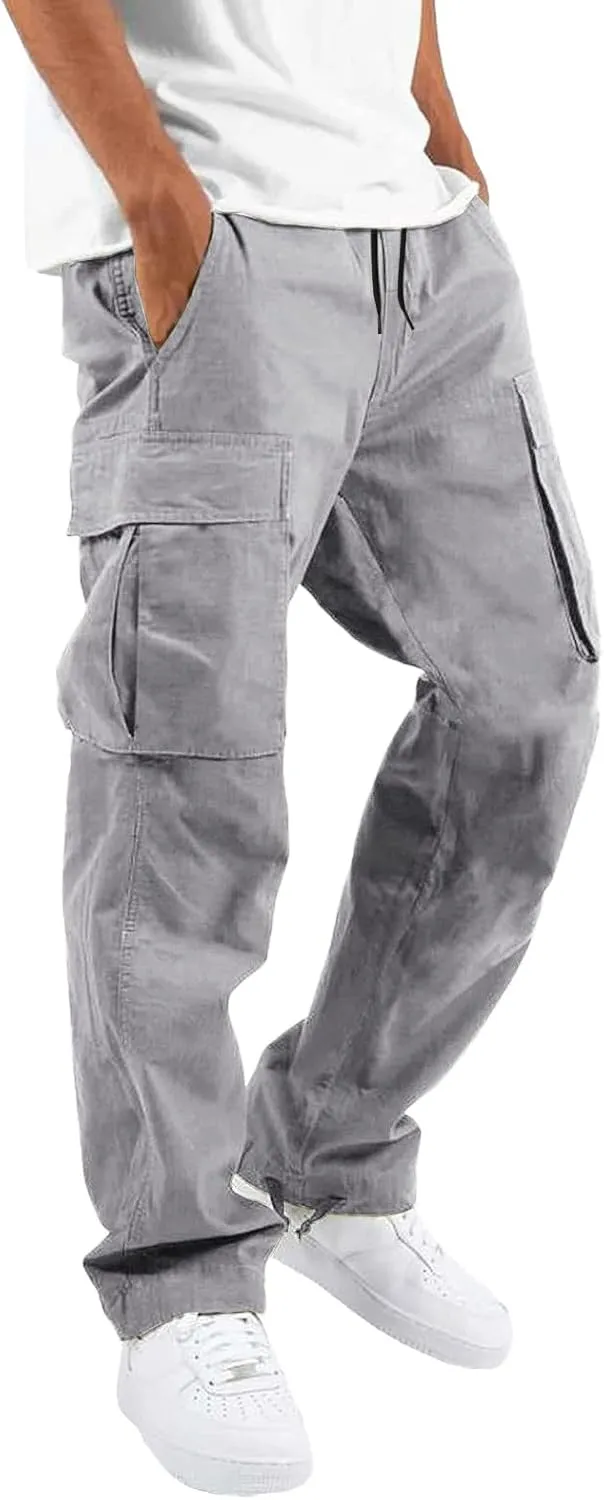 Mens Multi-Pocket Casual Cargo Pants Military Tactical Combat Sweatpants Lightweight High Waist Drawstring Loose Fit Overalls