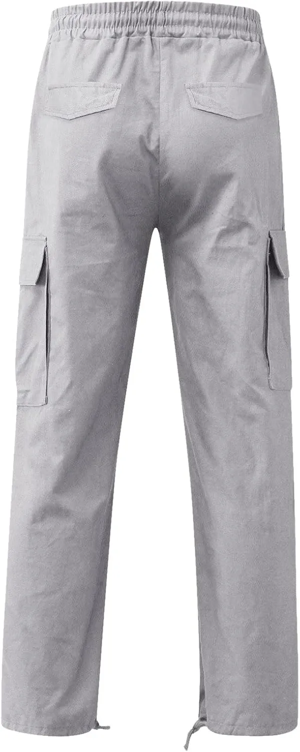 Mens Multi-Pocket Casual Cargo Pants Military Tactical Combat Sweatpants Lightweight High Waist Drawstring Loose Fit Overalls