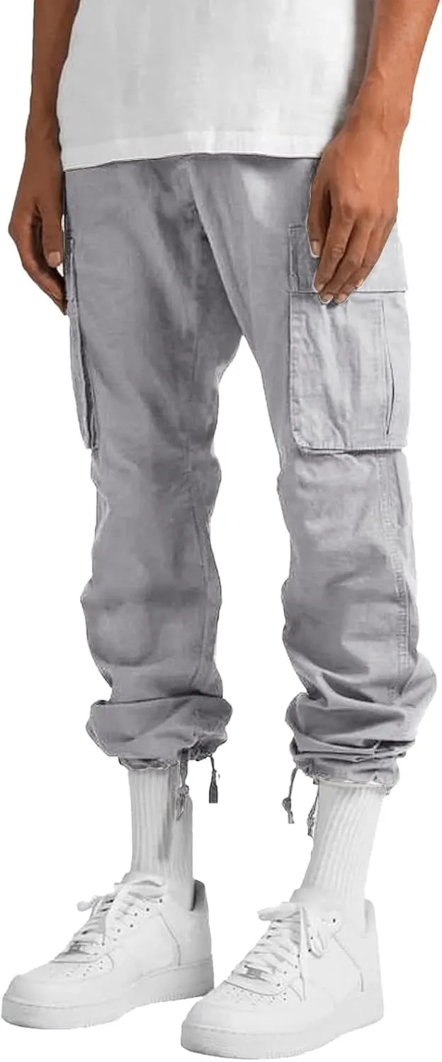 Mens Multi-Pocket Casual Cargo Pants Military Tactical Combat Sweatpants Lightweight High Waist Drawstring Loose Fit Overalls