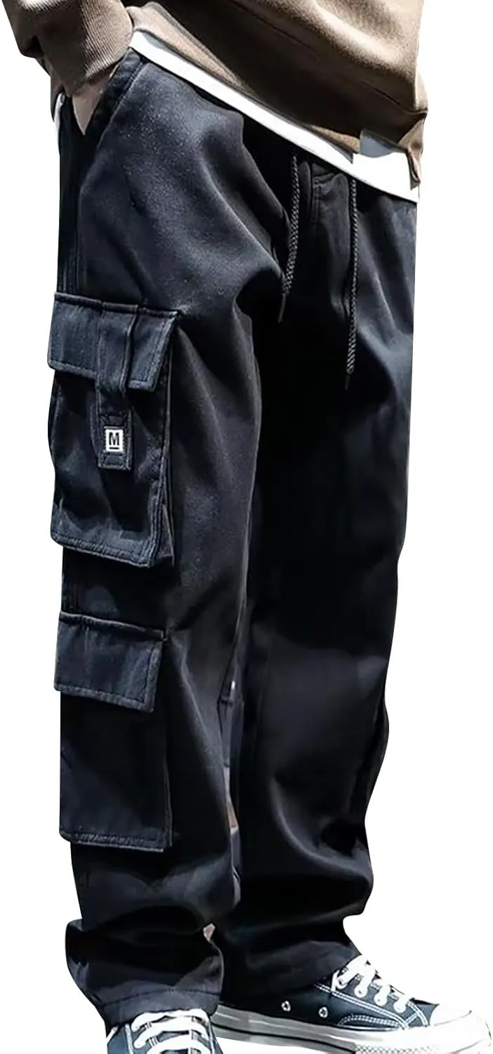 Mens New Loose Casual Cargo Pant Outdoor Tactical Combat Straight Trousers Military Drawstring Multi Pockets Fashion Overalls