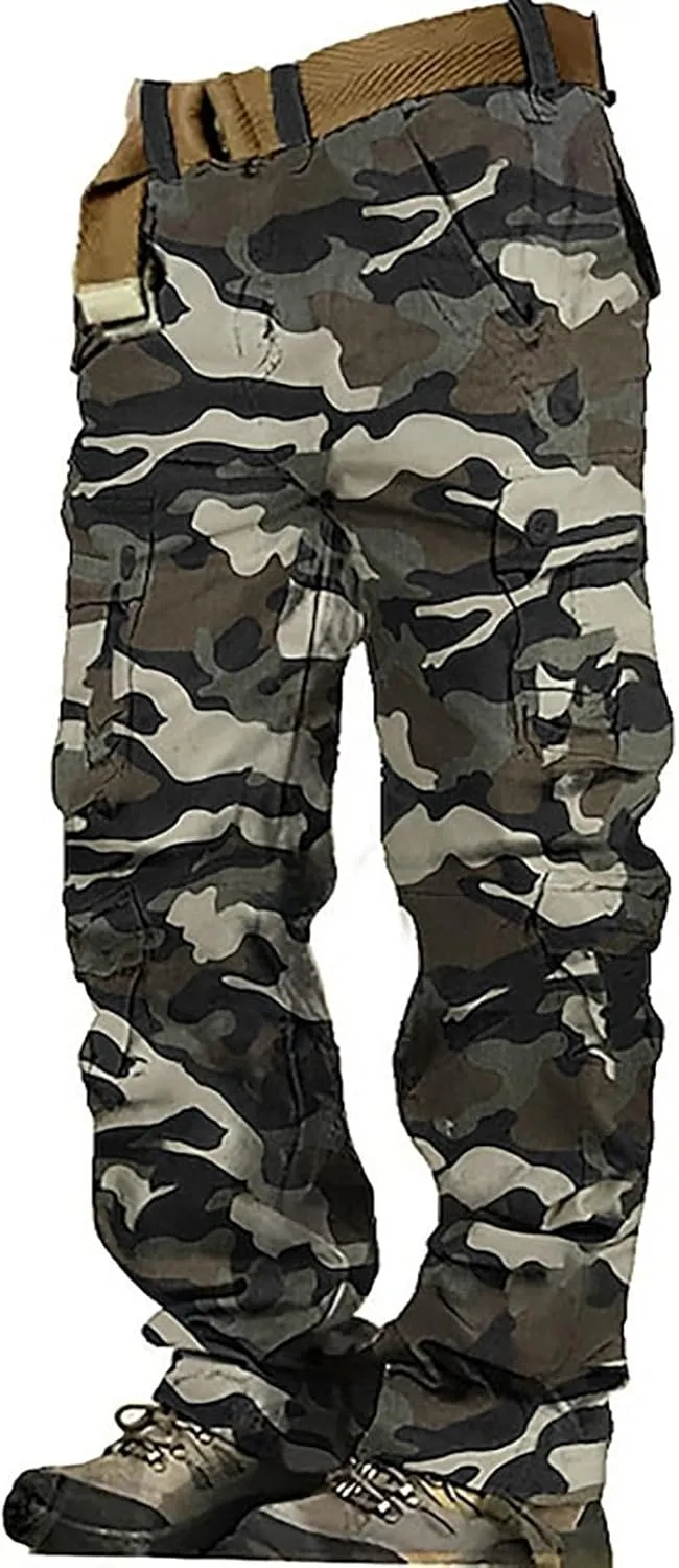 Mens Outdoor Fashion Cargo Pants Military Baggy Comfy Overalls Tactical Combat Simple Solid Color Multi-Pocket Hiking Trouser