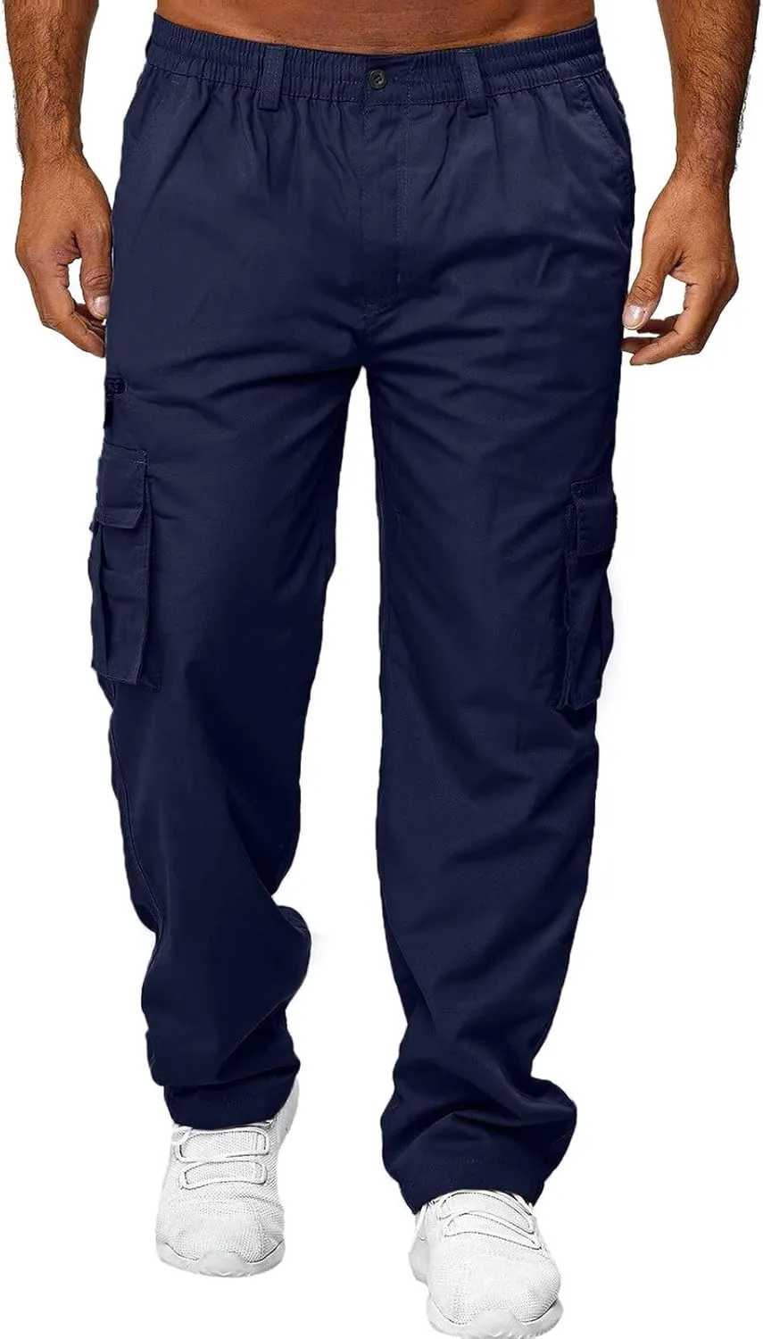 Men's Pants Multi-Pocket Overalls Straight-Leg Sports Cargo Pants Hiking Trousers Solid Color Joggers Sweatpants
