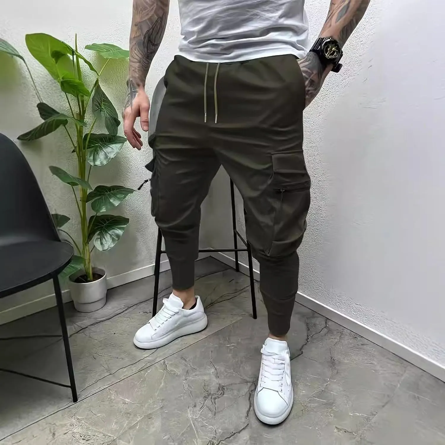 Mens Sweatpants Cargo Men's Spring Summer and Autumn Casual Mid Elastic Multi Pocket Slim Fit Overalls Pantaln Cargo