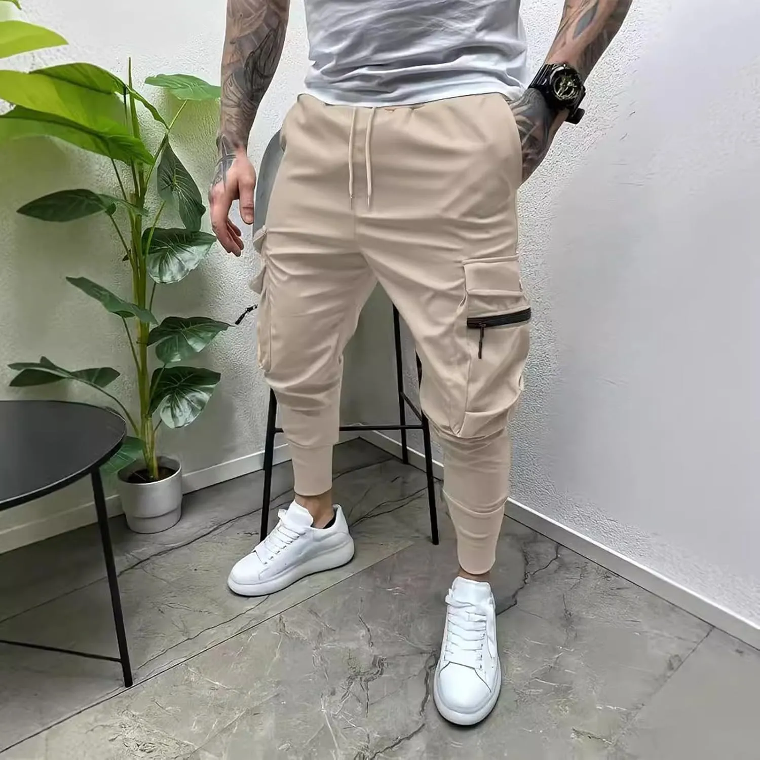 Mens Sweatpants Cargo Men's Spring Summer and Autumn Casual Mid Elastic Multi Pocket Slim Fit Overalls Pantaln Cargo