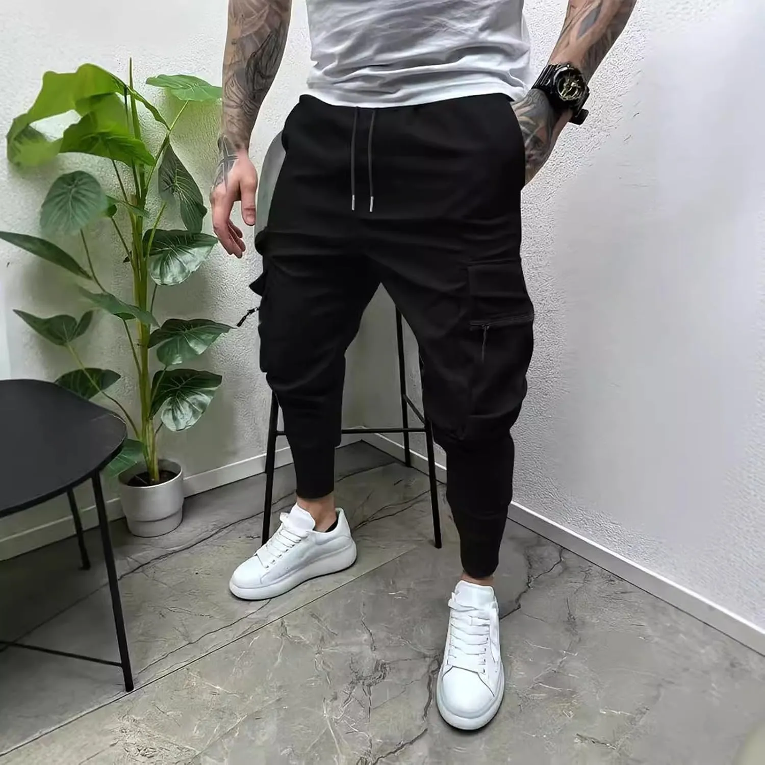 Mens Sweatpants Cargo Men's Spring Summer and Autumn Casual Mid Elastic Multi Pocket Slim Fit Overalls Pantaln Cargo