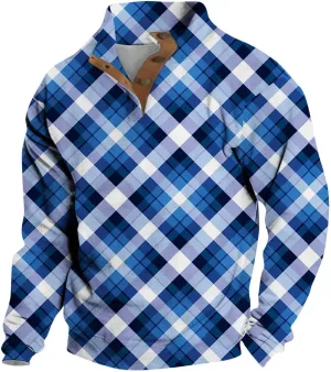 Mens Sweatshirt Corduroy Winter Polo Shirts Long Sleeve Elbow Patches Plaid Pullover Casual Stand Collar Sweaters