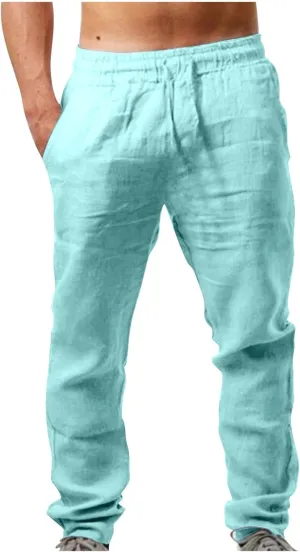 Men's Vintage Drawstring Casual Cotton Linen Pants Distressed Pleated Lightweight and Breathable Lounge Pants
