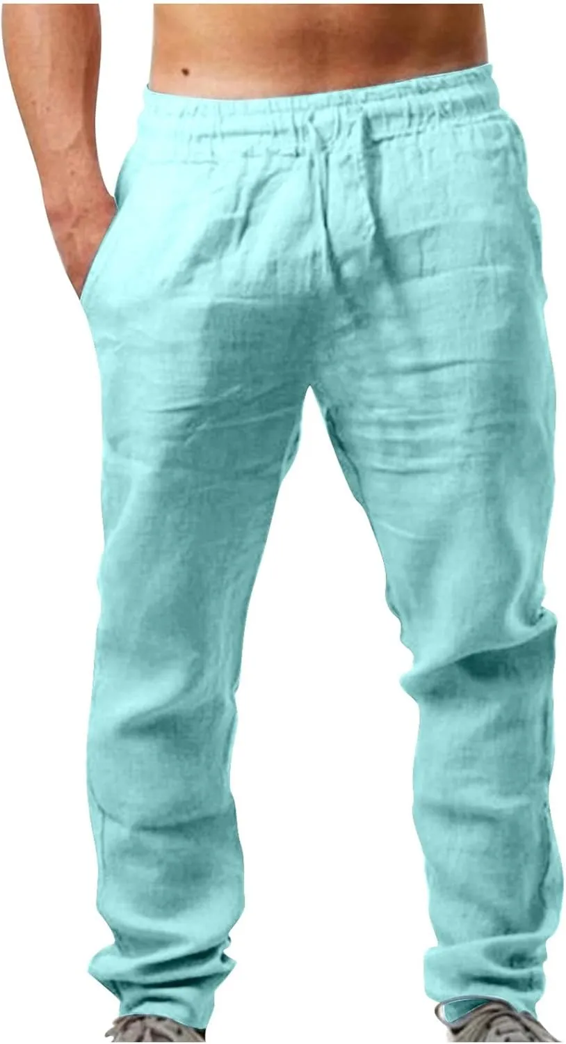 Men's Vintage Drawstring Casual Cotton Linen Pants Distressed Pleated Lightweight and Breathable Lounge Pants