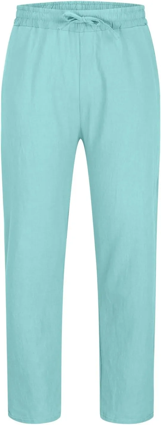 Men's Vintage Drawstring Casual Cotton Linen Pants Distressed Pleated Lightweight and Breathable Lounge Pants
