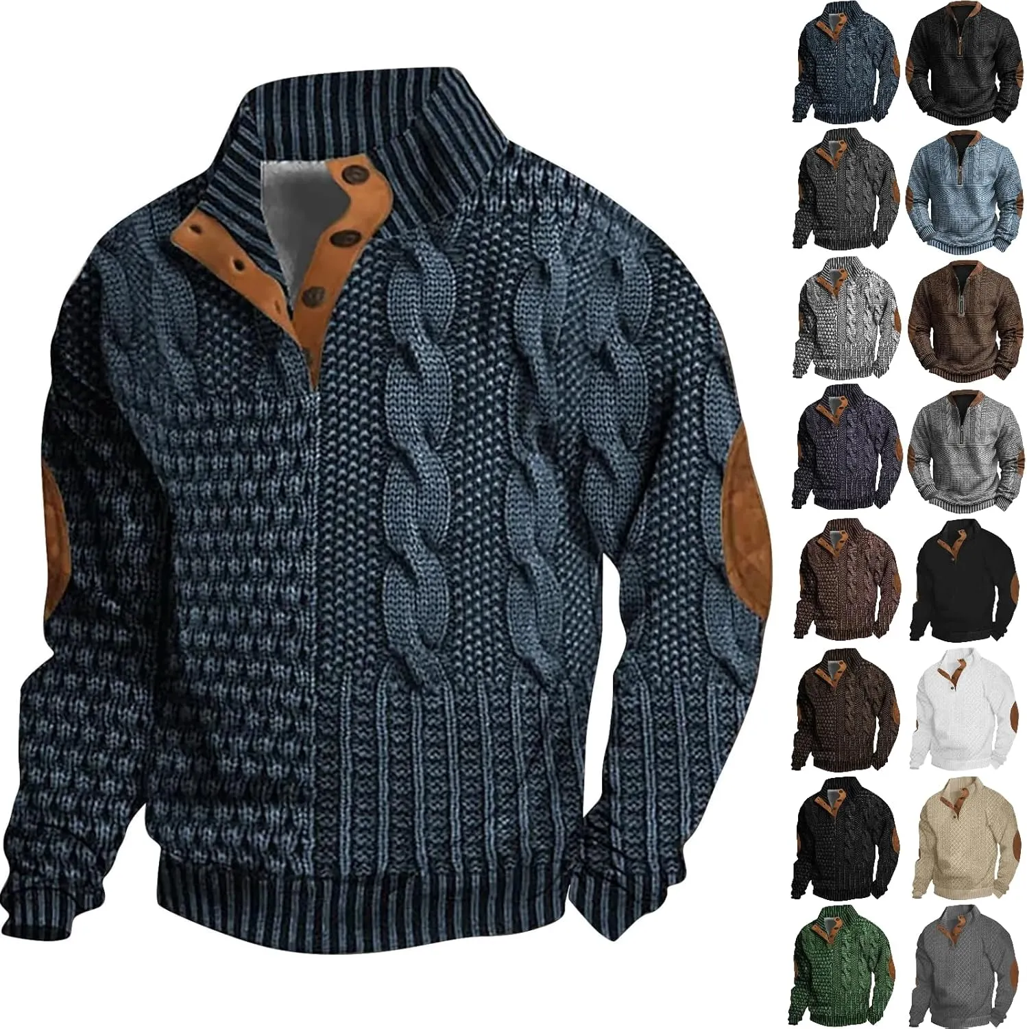 Men's Vintage Knit Print Zip-Up Sweatshirt Casual Long Sleeve Stand Collar Button Pullover Sweatshirts