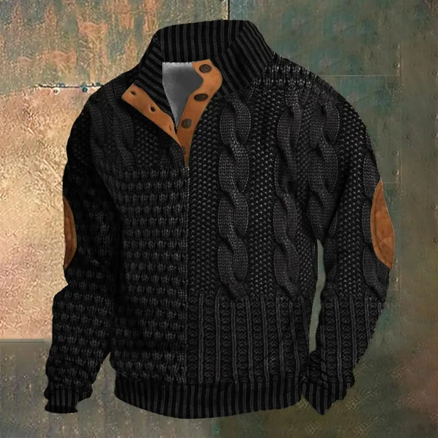 Men's Vintage Knit Print Zip-Up Sweatshirt Casual Long Sleeve Stand Collar Button Pullover Sweatshirts