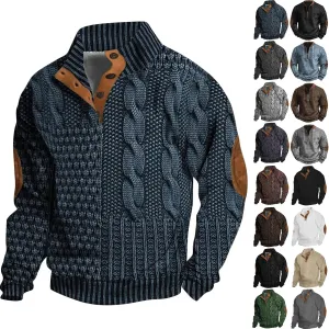 Men's Vintage Knit Print Zip-Up Sweatshirt Casual Long Sleeve Stand Collar Button Pullover Sweatshirts