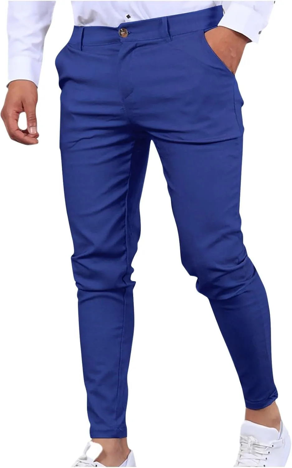 Mens Work Slacks Business Casual Slim Fit Plain Button Up Closure Elastic Waist Straight Pants Lightweight Pants