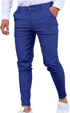 Mens Work Slacks Business Casual Slim Fit Plain Button Up Closure Elastic Waist Straight Pants Lightweight Pants