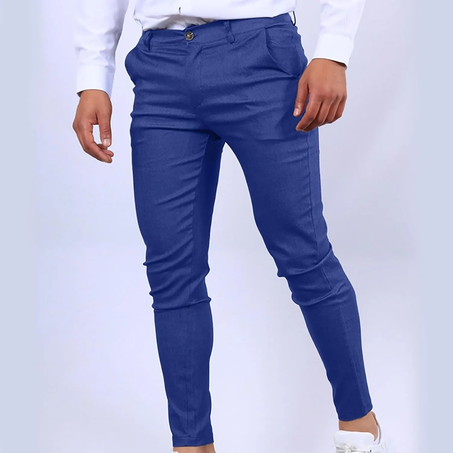 Mens Work Slacks Business Casual Slim Fit Plain Button Up Closure Elastic Waist Straight Pants Lightweight Pants