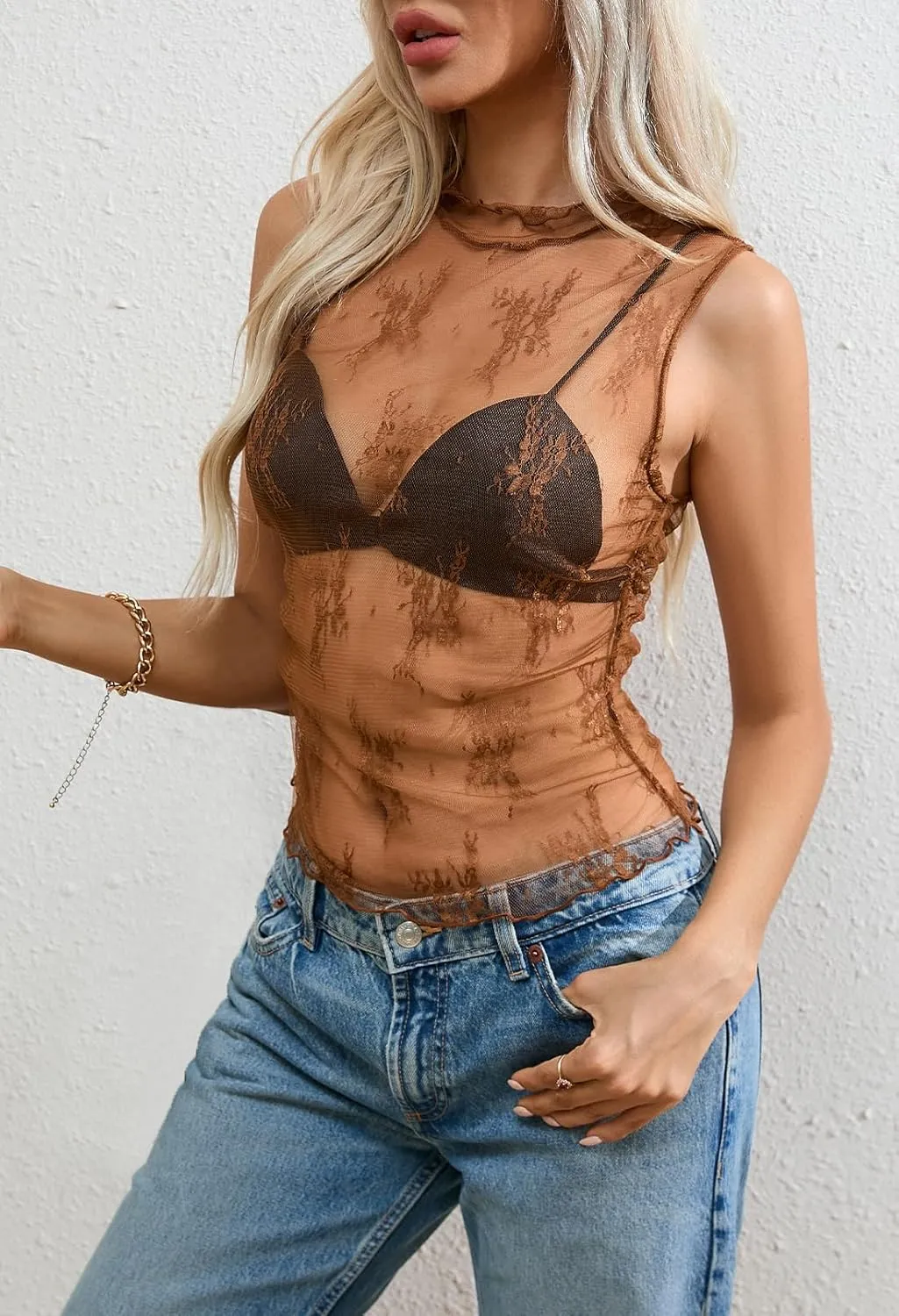 MEROKEETY Women's 2025 Sleeveless Sheer Mesh Lace Crop Tank Top See Through Summer Sexy Y2K Mock Neck Blouses Shirts