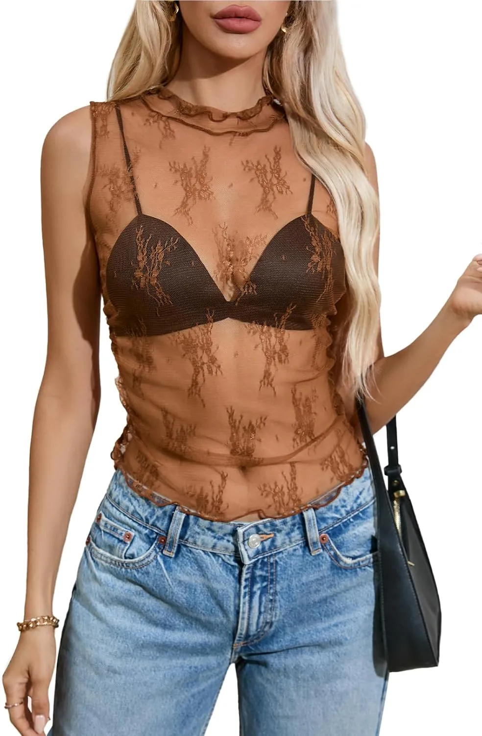 MEROKEETY Women's 2025 Sleeveless Sheer Mesh Lace Crop Tank Top See Through Summer Sexy Y2K Mock Neck Blouses Shirts