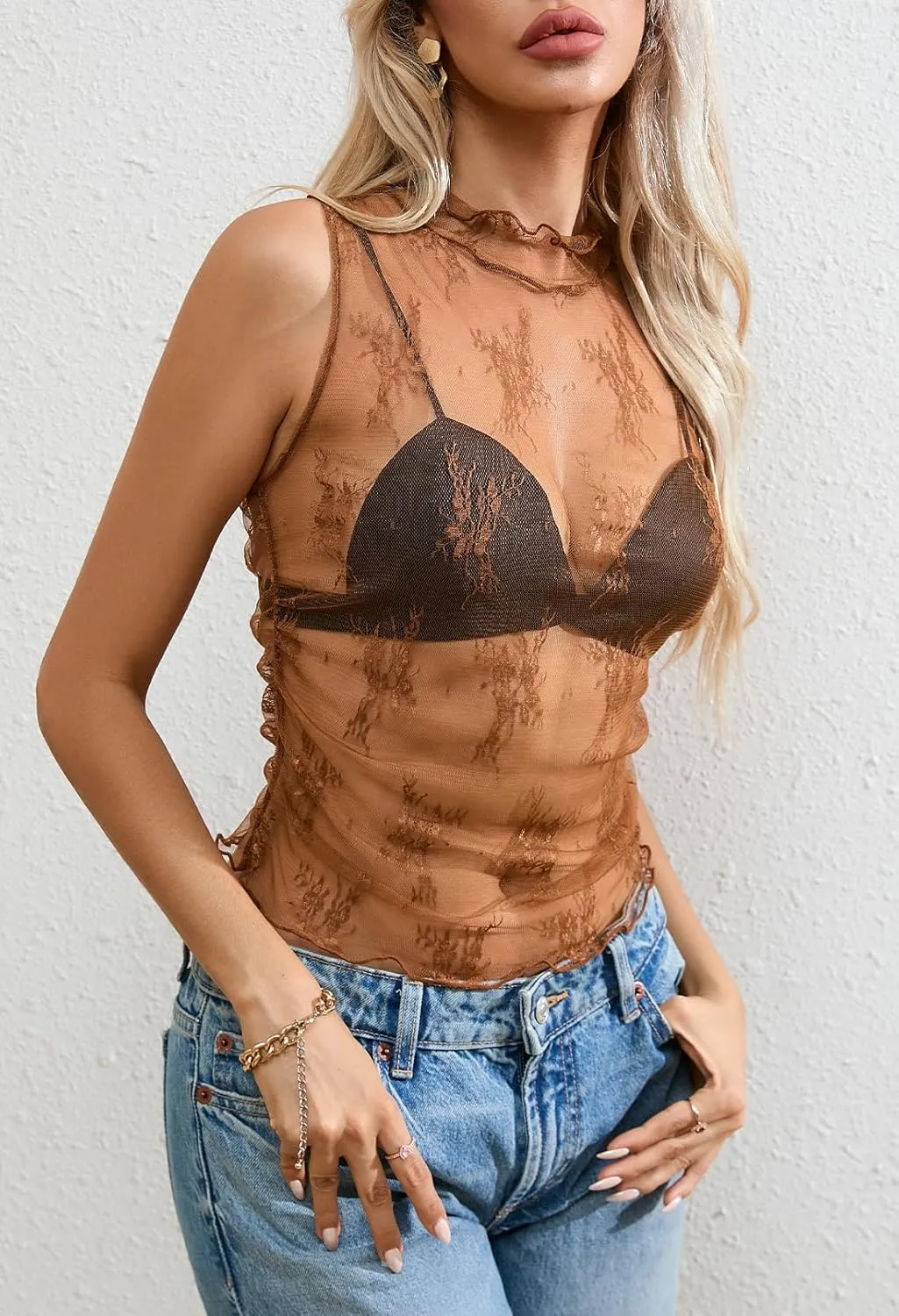 MEROKEETY Women's 2025 Sleeveless Sheer Mesh Lace Crop Tank Top See Through Summer Sexy Y2K Mock Neck Blouses Shirts