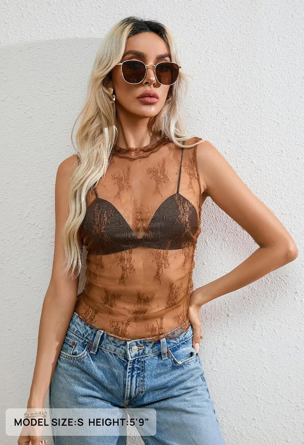 MEROKEETY Women's 2025 Sleeveless Sheer Mesh Lace Crop Tank Top See Through Summer Sexy Y2K Mock Neck Blouses Shirts
