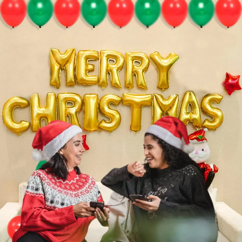 Merry Christmas Wall Decoration Kit- 29 Pcs Combo- Merry Christmas, Santa Foil Balloons & More