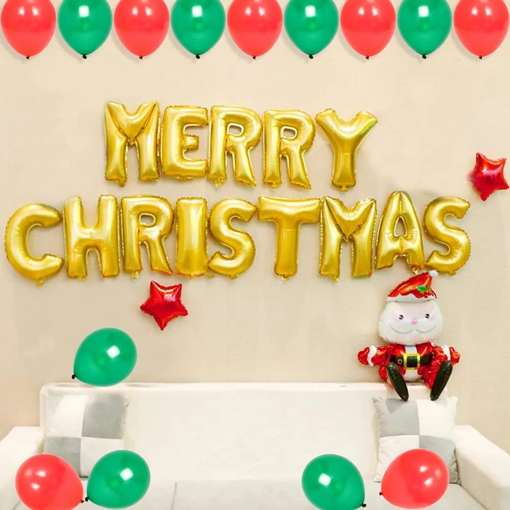 Merry Christmas Wall Decoration Kit- 29 Pcs Combo- Merry Christmas, Santa Foil Balloons & More