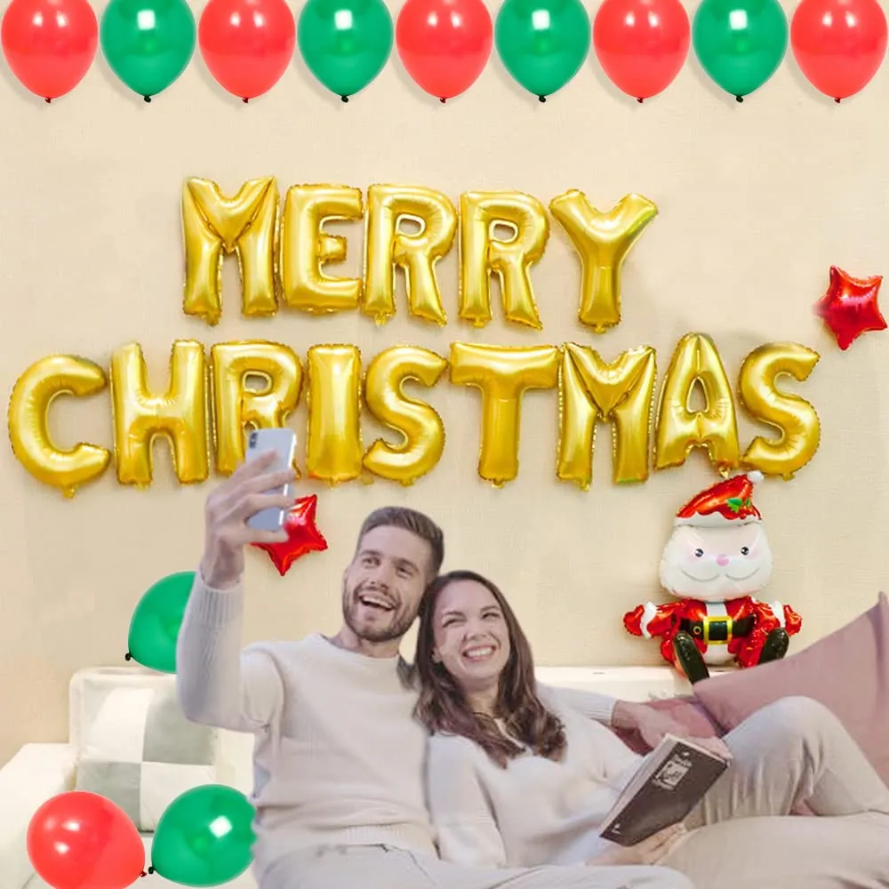 Merry Christmas Wall Decoration Kit- 29 Pcs Combo- Merry Christmas, Santa Foil Balloons & More