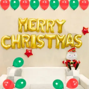 Merry Christmas Wall Decoration Kit- 29 Pcs Combo- Merry Christmas, Santa Foil Balloons & More