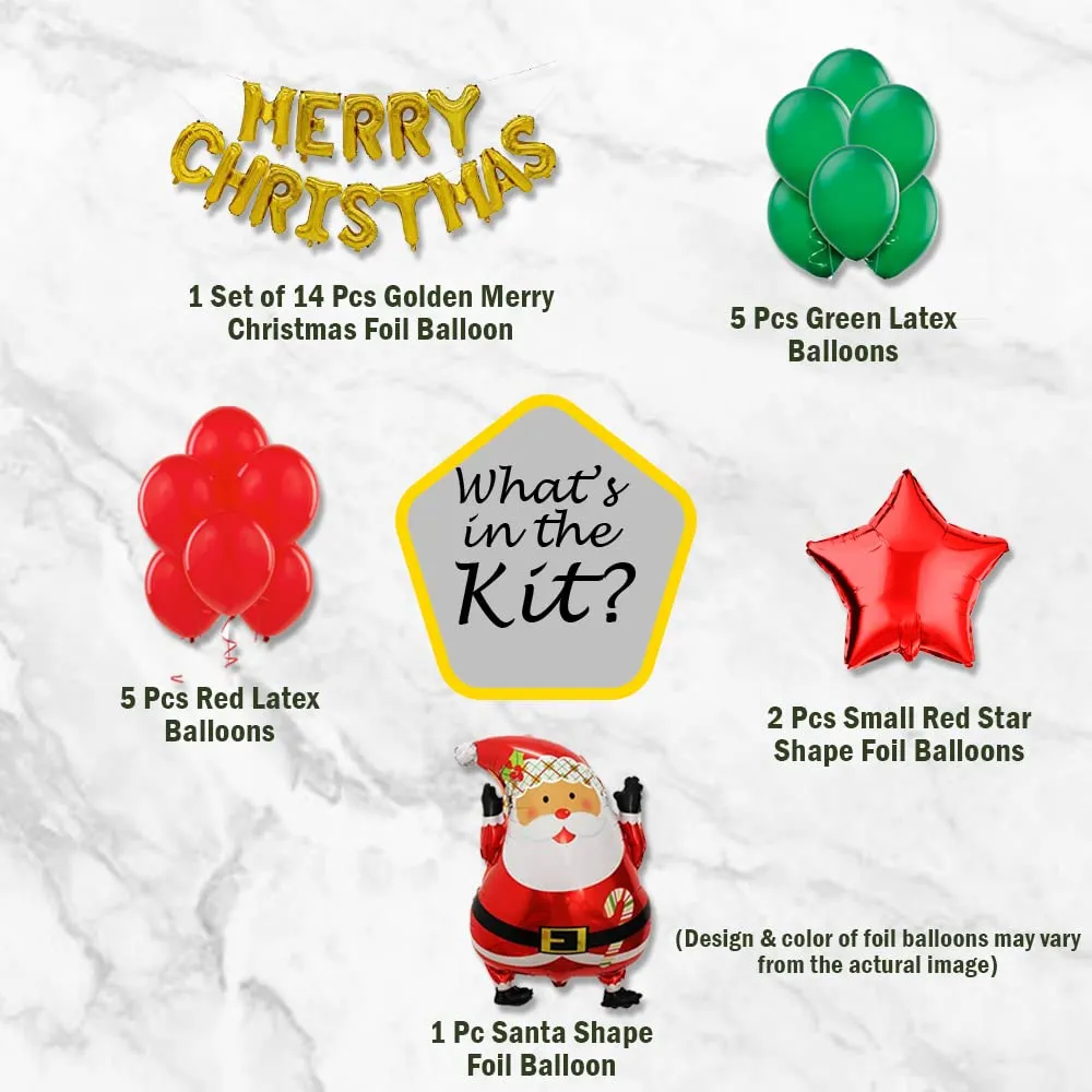 Merry Christmas Wall Decoration Kit- 29 Pcs Combo- Merry Christmas, Santa Foil Balloons & More