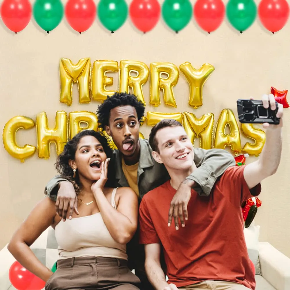 Merry Christmas Wall Decoration Kit- 29 Pcs Combo- Merry Christmas, Santa Foil Balloons & More