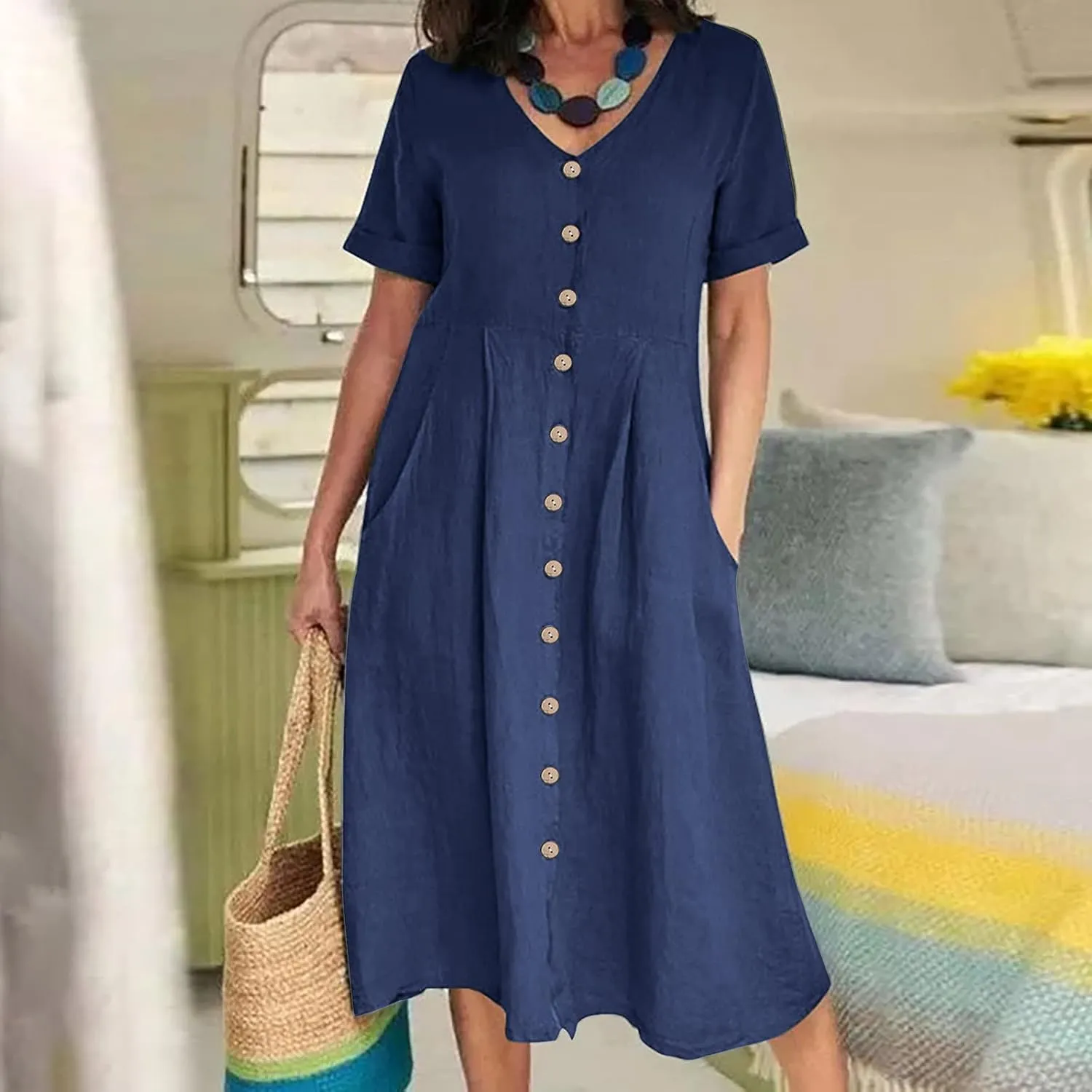 Midi Dresses for Women 2024 Summer Short Sleeve V Neck Button Down Dress Plus Size Cotton Linen Dress with Pockets