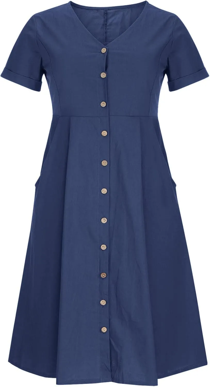 Midi Dresses for Women 2024 Summer Short Sleeve V Neck Button Down Dress Plus Size Cotton Linen Dress with Pockets