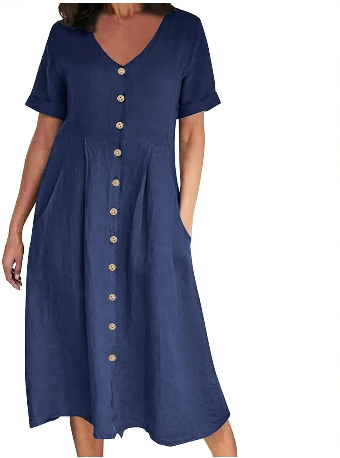 Midi Dresses for Women 2024 Summer Short Sleeve V Neck Button Down Dress Plus Size Cotton Linen Dress with Pockets