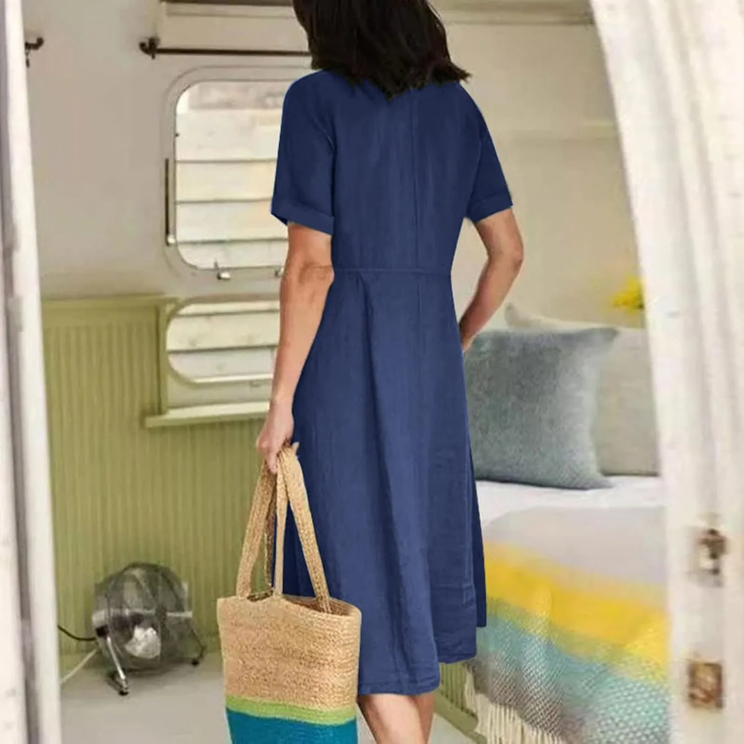 Midi Dresses for Women 2024 Summer Short Sleeve V Neck Button Down Dress Plus Size Cotton Linen Dress with Pockets