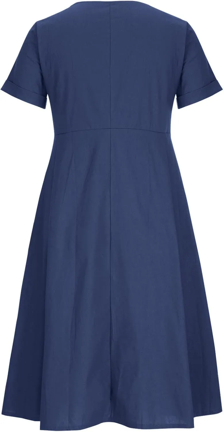 Midi Dresses for Women 2024 Summer Short Sleeve V Neck Button Down Dress Plus Size Cotton Linen Dress with Pockets